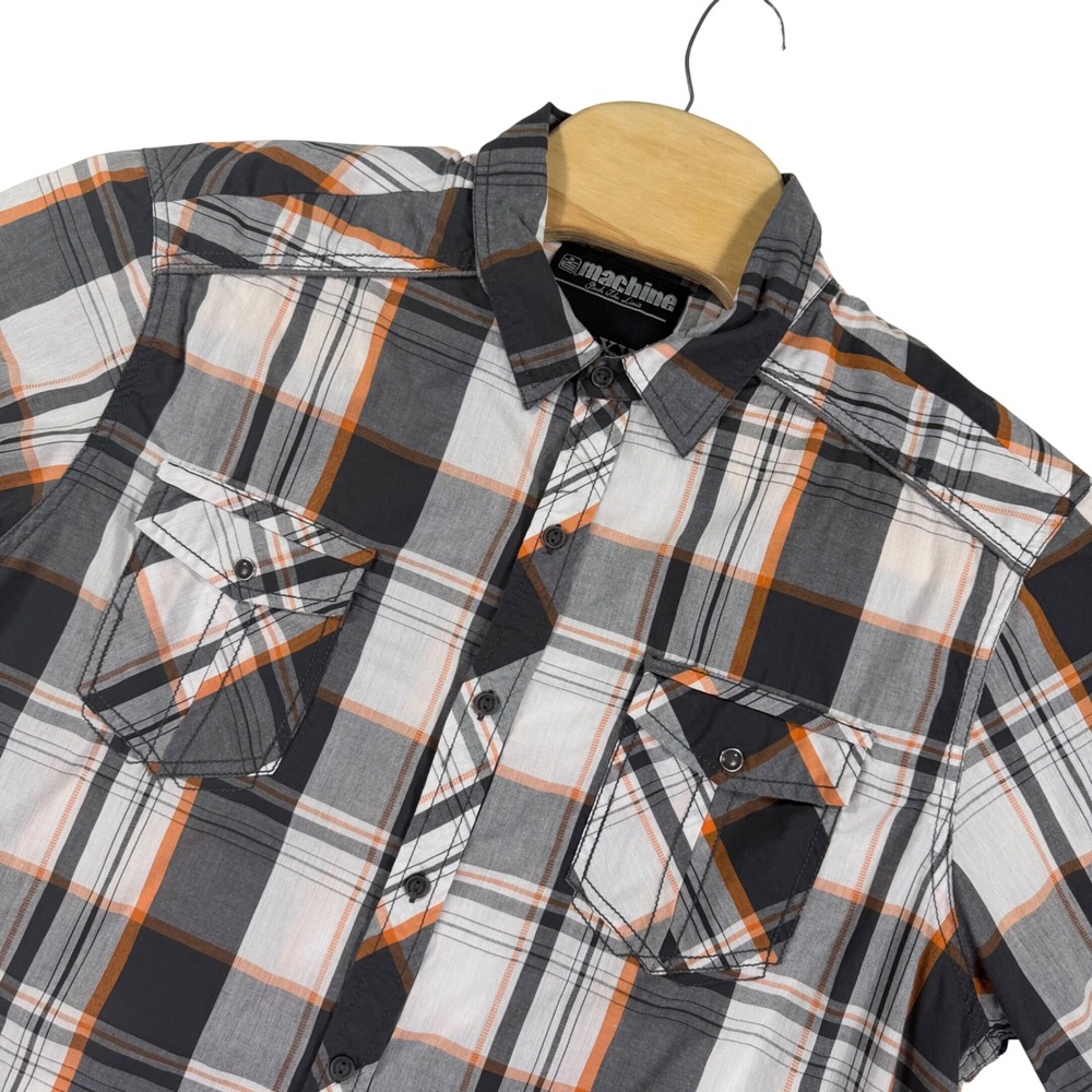 Machine Button Down Shirt Mens XXL Grey‎ Orange Plaid Short Sleeve Gorpcore